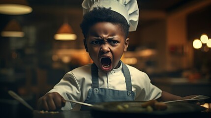 Angry child chef screaming in restaurant kitchen. Chef yelling. Conflict in the kitchen