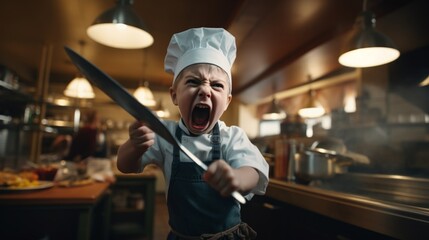 Angry child chef screaming in restaurant kitchen. Chef yelling. Conflict in the kitchen - obrazy, fototapety, plakaty