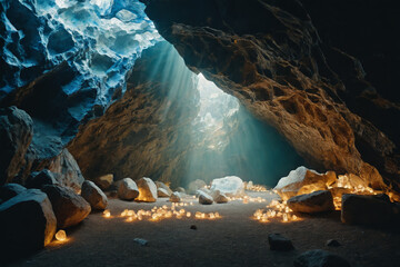 Beautiful crystal cave, colourful background, stunning crystals, soft light, presentation space