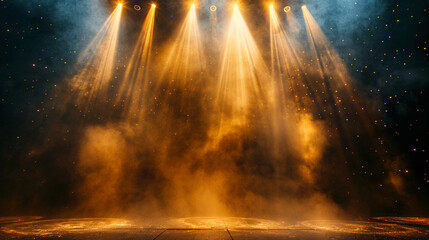 Shining spotlights and empty on stage. Dark gradient black and yellow gold grungy background.