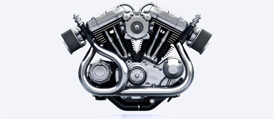 Fototapeta premium The engine of a motorcycle is displayed on a plain white background. Every detail of the engine is visible, from the cylinders and pistons to the exhaust pipes and cooling system. The mechanical