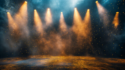 Shining spotlights and empty on stage. Dark gradient black and yellow gold grungy background.