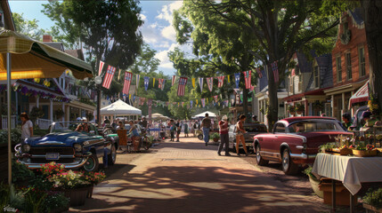 Fototapeta na wymiar Vintage Street Fair in a Quaint Town on a Sunny Day