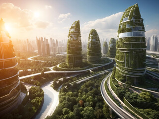 A futuristic cityscape with tall buildings and green trees growing on buildings. - Powered by Adobe