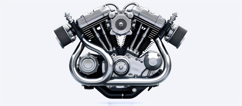 The engine of a motorcycle is displayed on a plain white background. Every detail of the engine is visible, from the cylinders and pistons to the exhaust pipes and cooling system. The mechanical