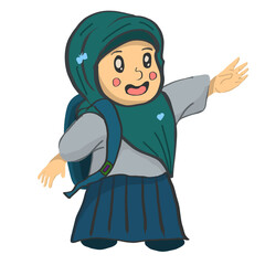 Cartoon illustration of a Muslim girl with a backpack waving. Perfect for educational resources, multicultural presentations, and diverse marketing materials.