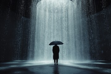 A person stands under an umbrella in a downpour, bathed in a cylinder of light against a dim, misty background, portraying isolation amid nature's force. - obrazy, fototapety, plakaty