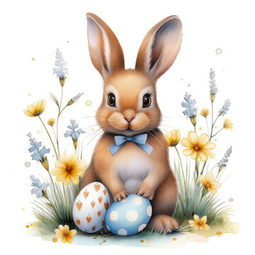 Watercolour illustration of a cute Easter bunny with painted eggs and flowers, cartoon character isolated on white background.