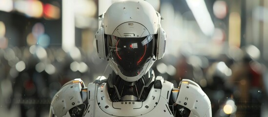 A man wearing a white suit and helmet is working in a futuristic industrial factory setting. He is likely involved in computer-aided manufacturing or other high-tech processes. - Powered by Adobe