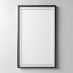 A slender black rectangular frame with a blank white canvas hangs elegantly on a white wall, the frame perfectly positioned in the center of the picture. Reflecting elegance and simplicity