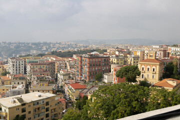 Fototapeta na wymiar Panoramic view of City of Naples, from the top of San Elmo Castle in the morning fog.