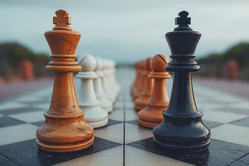 Muurstickers Chess game tournament concept. White and black Queen challenges for victory. Hobbies sports © Irina Mikhailichenko