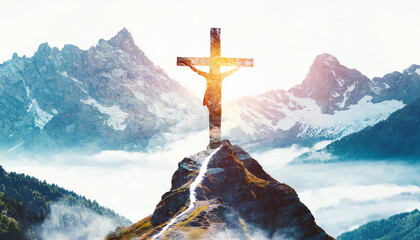 A mountain range with Jesus Christ crucified on a cross on top of it - obrazy, fototapety, plakaty