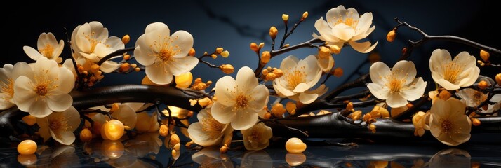 Sakura Blossom Flowers May Floral Nature, with lights, light black and yellow, Background HD, Illustrations
