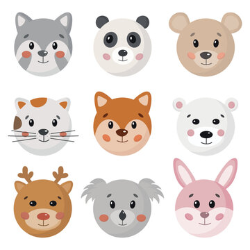 Cartoon cute animals faces collection for baby card, prints, invitation. Cute funny jungle, forest and farm animals icon, portrait set isolated on white background. Bunny, cat, fox, bear, panda, deer.