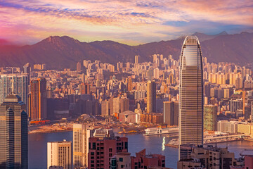 Wonderful panoramic of Hong Kong city view, modern cityscape during sunset in the evening amazing...