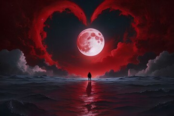 red heart into the moon night - obrazy, fototapety, plakaty
