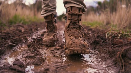 Trekking Through Muddy Terrain in Hiking Boots generative ai