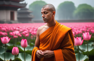 buddhist monk with field of flowers on background. Shaolin monk meditating. Monk in the village - obrazy, fototapety, plakaty