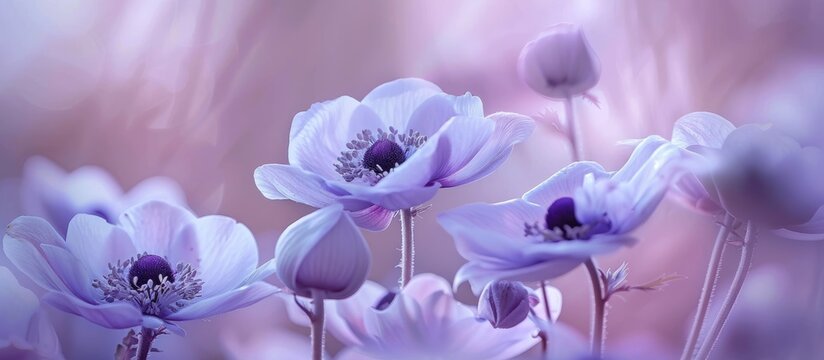 A detailed painting featuring soft-focus purple anemone flowers on a vibrant pink background. The delicate petals of the flowers stand out against the bold backdrop, creating a striking visual