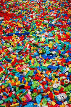 Billund, Denmark - 17 June 2023: Multi-colored plastic Lego Duplo brick background