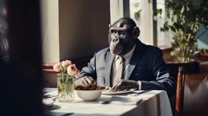 Monkey sits in a restaurant waiting for an order. Chimpanzee in restaurant