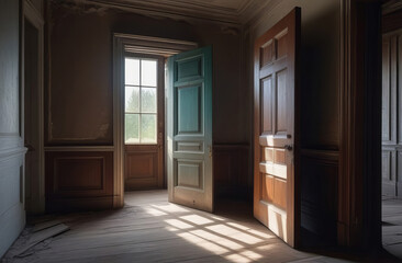 Dark room with window. An old room in abandoned building. Light from window. Scary atmosphere. old abandoned building. interior of an abandoned house. Abstract horror background for halloween