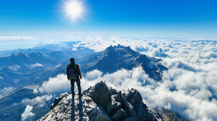 Achieving the Summit - Hiker Enjoying the View from a High Mountain Peak at Sunrise