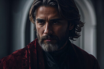 Portrait of a dark medieval lord in a castle