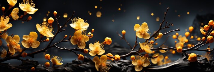 Spring Flowering Branch On Wooden, with lights, light black and yellow, Background HD, Illustrations