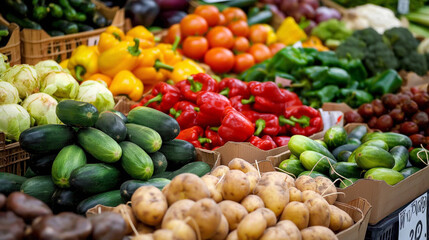 Assortment of Fresh Organic Vegetables, Fresh carrots, tomatoes, and peppers; a bounty of organic...
