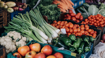 Assortment of Fresh Organic Vegetables, Fresh carrots, tomatoes, and peppers; a bounty of organic produce
