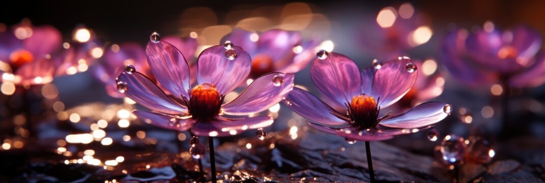 Surreal Dark Chrome Pink Purple Flower, with lights, light black and yellow, Background HD, Illustrations