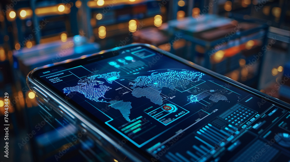 Poster on the vibrant display of a state-of-the-art smartphone, a logistics management dashboard showcases 