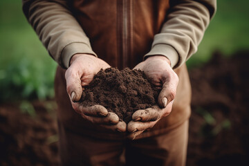 Farmer hands touching soil at close range. Male hands touching soil in field. Agricultural, horticultural or ecological concept.