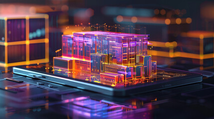 Amidst the glow of advanced display technology, holographic containers materialize within the sleek frame of a tablet device, their three-dimensional forms showcasing the intricate