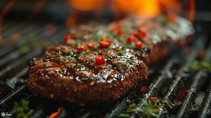 Grilled meat steak on stainless grill depot with flames on dark background. Food and cuisine concept. - obrazy, fototapety, plakaty