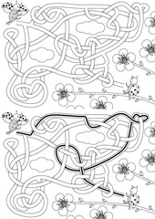 Ladybug maze on the cherry plum branch for kids with a solution