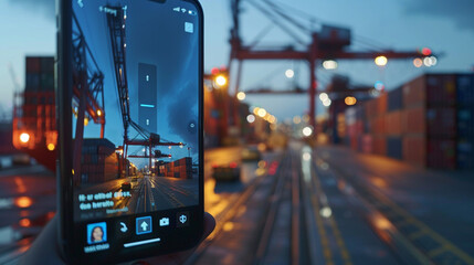 Amidst the glow of advanced display technology, a logistics tracking app on a smartphone screen displays a live feed of cargo containers being loaded onto ships and trucks, with re