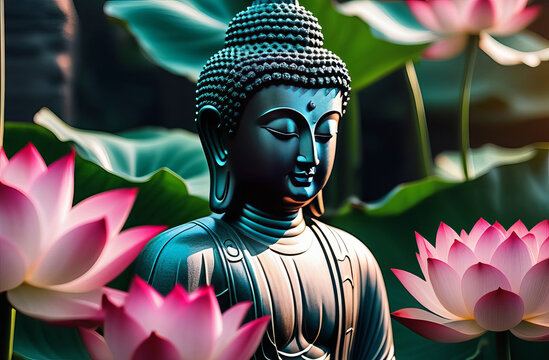 Abstract beautiful Buddha with lotus flowers background. Isolated close up