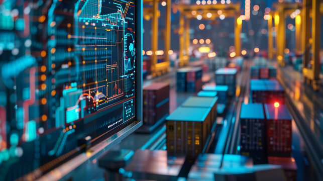 Against the backdrop of a bustling logistics command center, a computer screen displays a real-time visualization of cargo container movements, with colorful icons representing shi