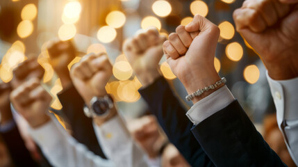 Raised fists in focus with a watch on the foremost wrist, signifying unity or celebration, amidst a group of blurred raised fists in the background.
