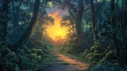 A mystical forest path is illuminated by the golden glow of a magical sunrise, with rays filtering through the dense foliage.