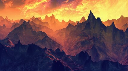 An intense, fiery sky blazes above a rugged mountain landscape, evoking a sense of wonder and the sublime power of nature. - obrazy, fototapety, plakaty