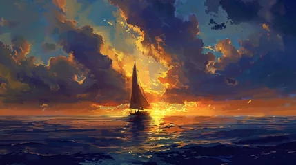 Keuken spatwand met foto A sailboat ventures into the vastness of the ocean, its sails catching the last light of a dramatic and fiery sunset that sets the sky ablaze. © Arunrat