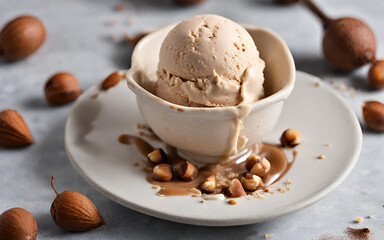 A bowl of hazelnut ice cream with nuts on a wooden table.
