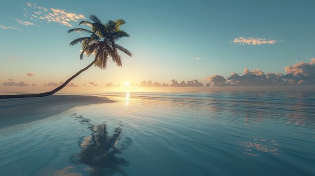 A lone palm tree leans over a tranquil beach, with the sunset casting a soft glow on the calm waters and sandy shore.
