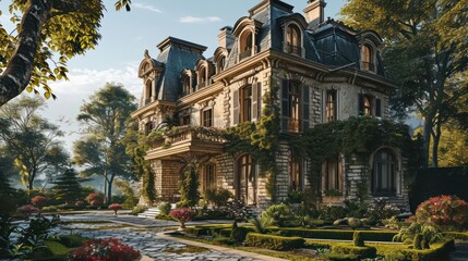 the elegance of a French Provincial house with stone accents, surrounded by a manicured garden - obrazy, fototapety, plakaty