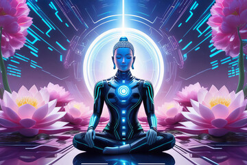 Silhouette cyber monk woman in meditation pose with pink lotus flowers over hi-tech blue background. Shaolin monk meditating. Magic portal