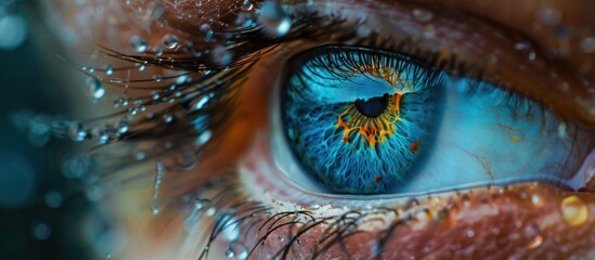 Detailed view of a persons blue eye with water droplets on the surface, showcasing intricate patterns and pigmentation. - obrazy, fototapety, plakaty